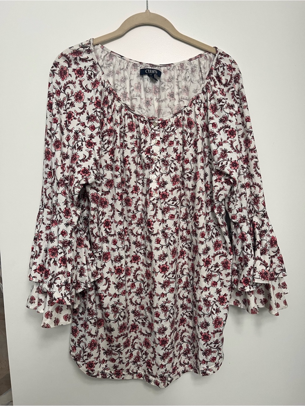 Chaps Romantic Feminine Cottagecore Floral Print and Tiered Sleeves top